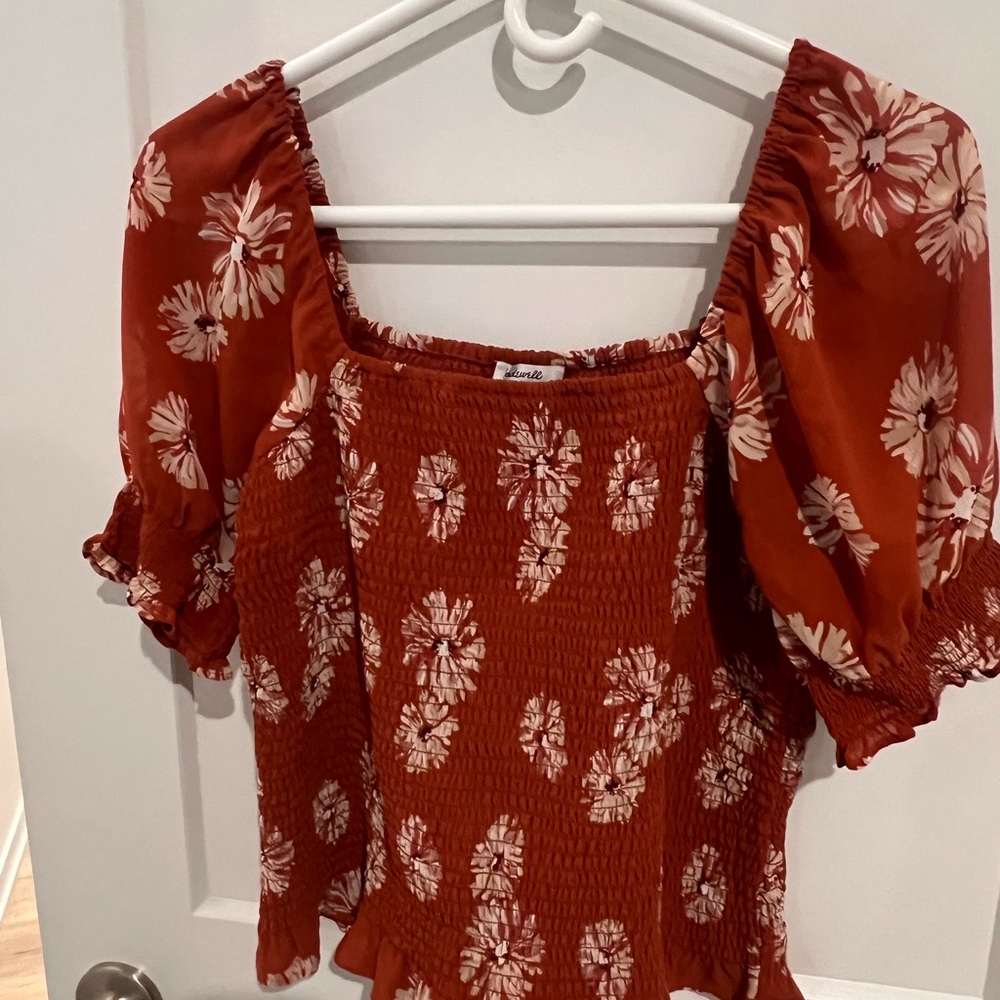 Madewell Floral Smocked Blouse in Rust